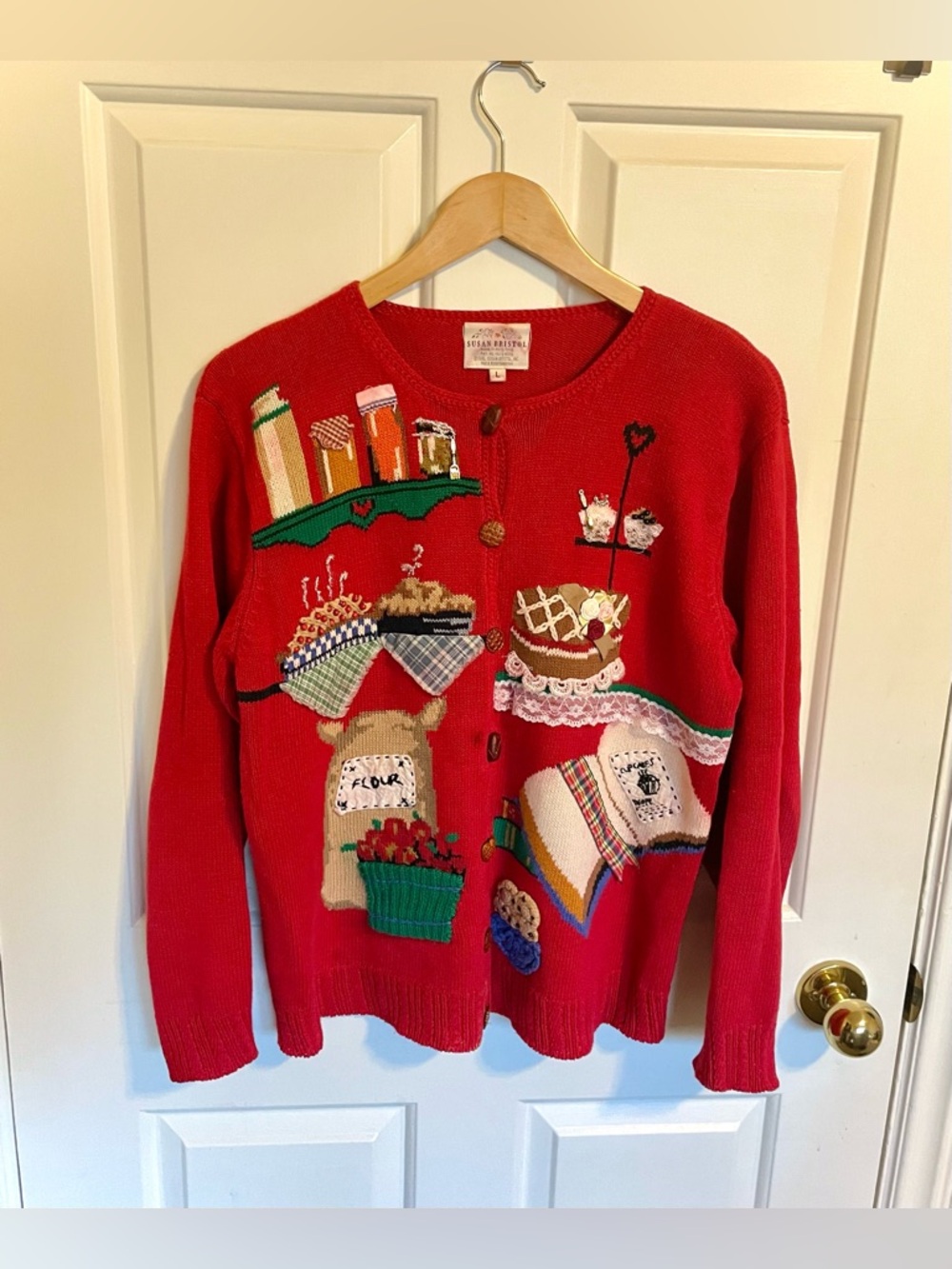 Vintage Susan Bristol Red Kitchen Motif Knit Cardigan Sweater -AS IS FLAWED